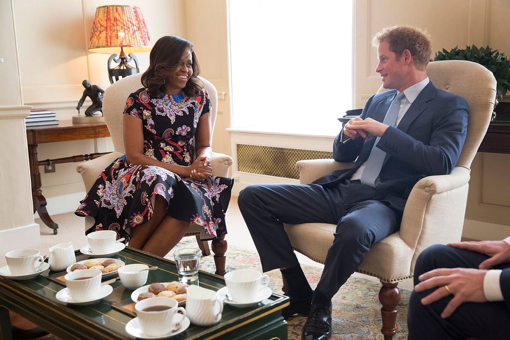 First Lady Michelle Obama meets with Prince Harry for tea to discuss the "Let Girls Learn" initiative and support for…