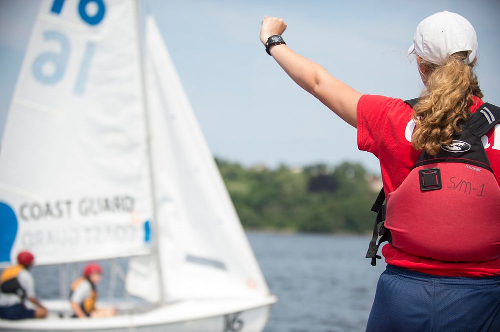 Female guard gave a ready sign for sailing. -- Swabs from the Class of 2019 practice sailing under the guidance of their 2nd…