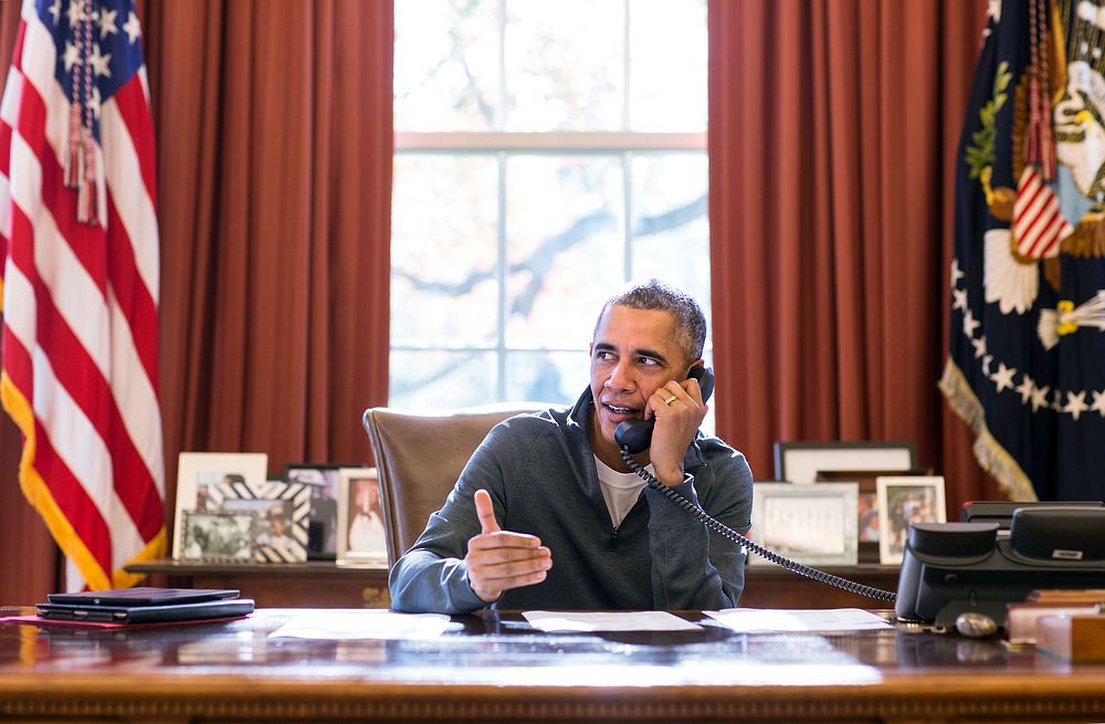 President Barack Obama makes Thanksgiving Day phone calls from the Oval Office to U.S. troops stationed around the world…