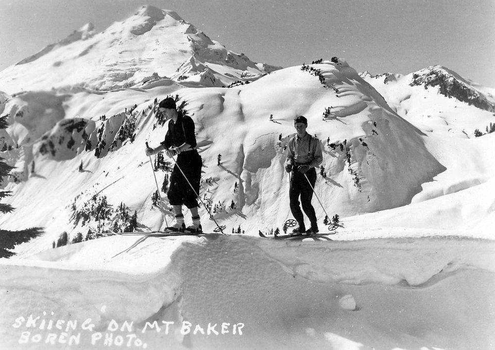 Mt. Baker Skiing on the top of mountain, WA, Mt. Baker-Snoqualmie National Forest Historic Photo. Original public domain…