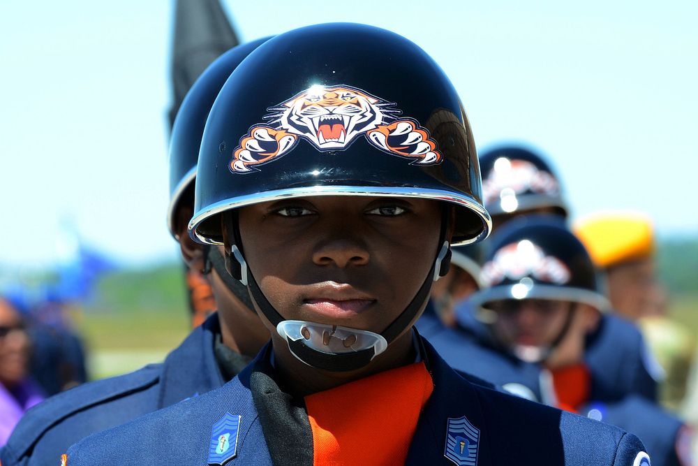 Southside High School Air Force junior ROTC cadets from Greenville, S.C., wait to begin a drill and ceremony competition…