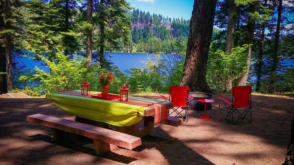 BLUE BAY CAMPGROUND-DESCHUTES-103, Picnic Table at Blue Bay Campground by Suttle Lake on the Deschutes National Forest in…