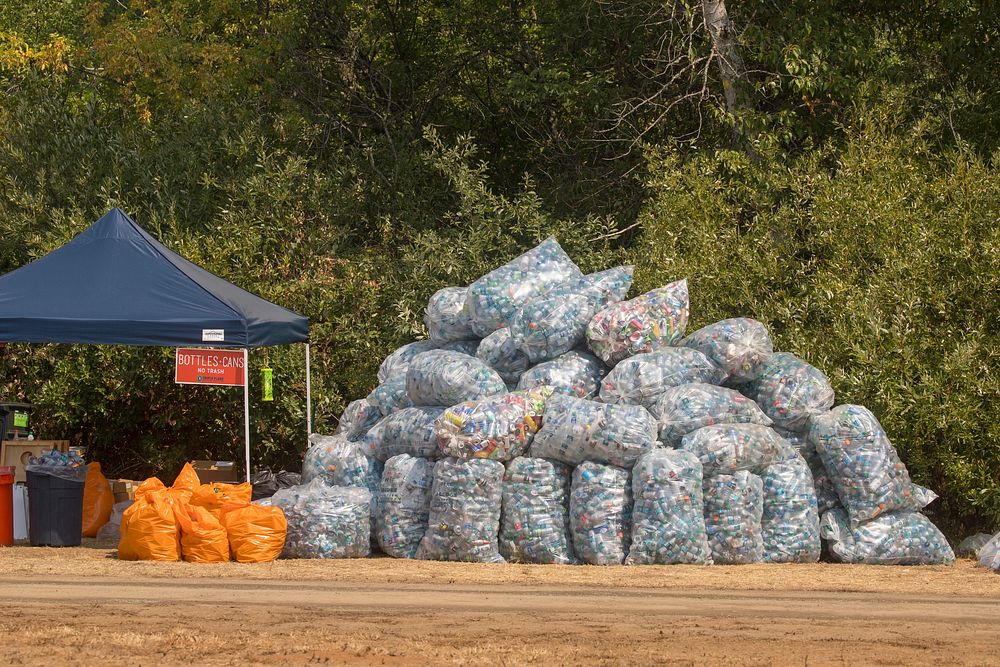 Massive stack of plastic bottles for recycling, Taylor Creek and Klondike Fires, Rogue-Siskiyou NF, OR, 2018 (Photo by Kari…