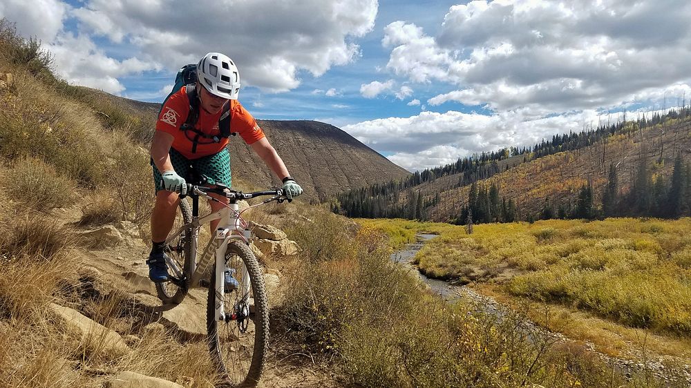 Nancy Odle mountain biking in the fall at Fish Creek on the Manti-Lasal NF in Utah. Forest Service photo by John Odle.…