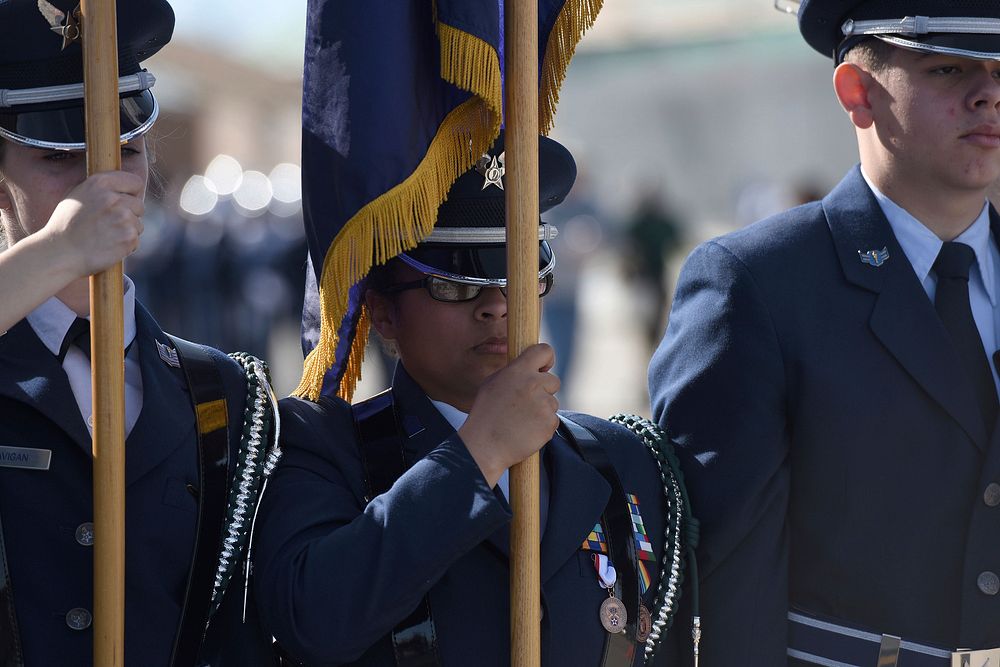 Beaufort High School Air Force junior ROTC cadets compete in the Color Guard routine during the annual Top Gun Drill Meet at…