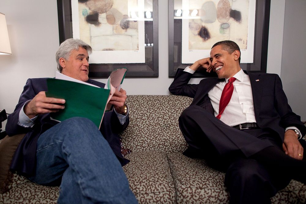 President Barack Obama shares a moment with Jay Leno off set of the Tonight Show at NBC Studios, Burbank, Calif., March 19…