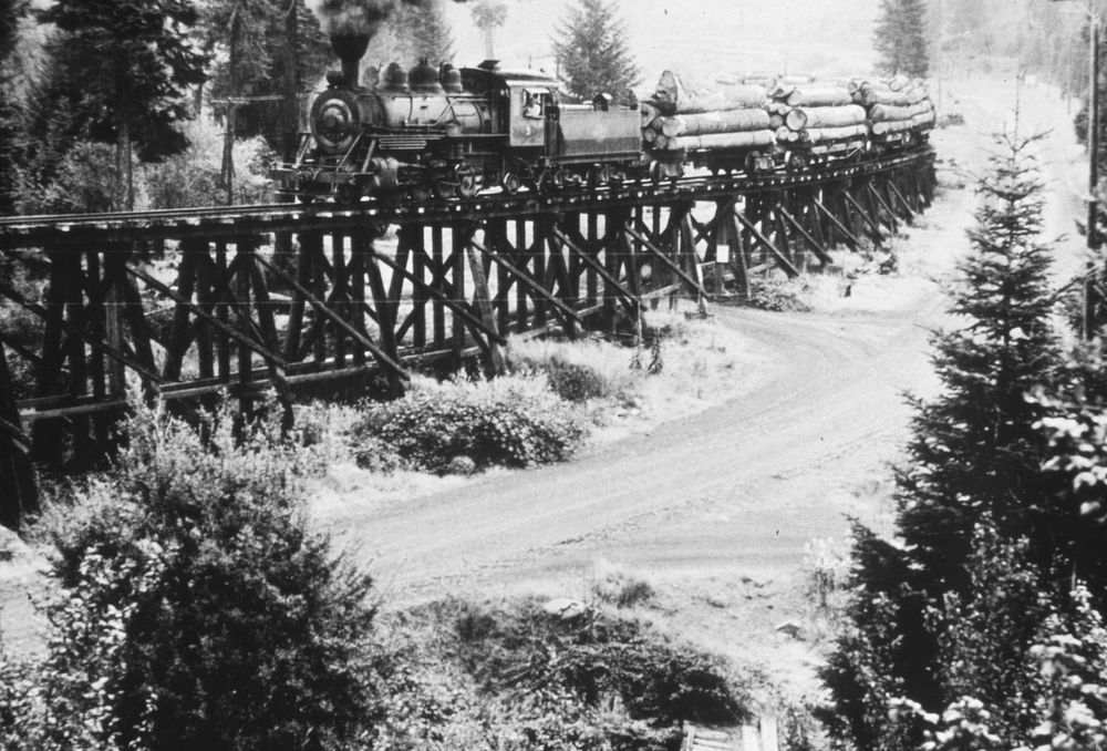 earlt day railroad logging. Original public domain image from Flickr