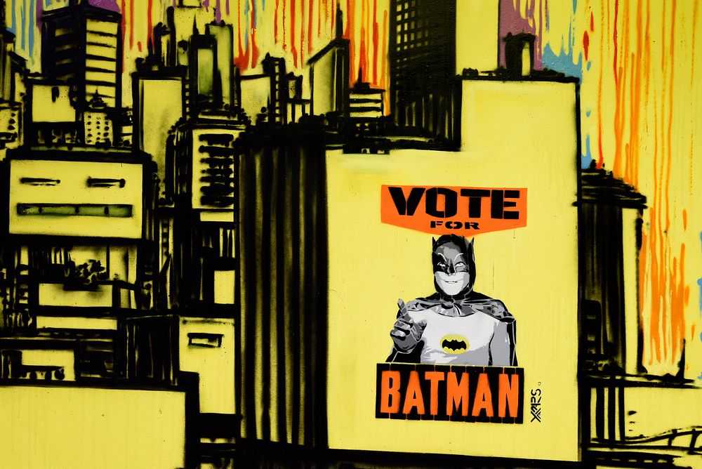 Vote Batman art installation at the Maison des Arts et Metiers, Cite Internationale Universitaire, Paris, France, 10 July…