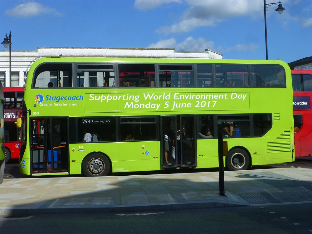 Environment Day bus on London bus route 294 in Romford town center, UK - 17 August 2017