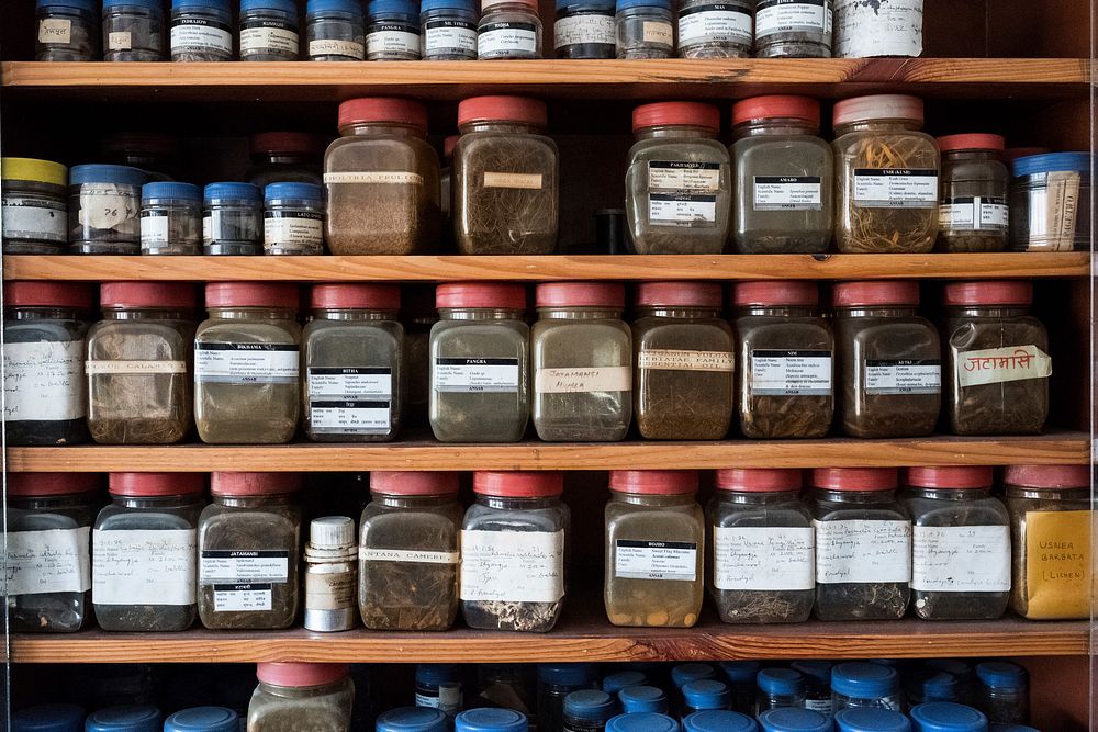 Medicinal herb samples in a shop.  Free public domain CC0 photo.