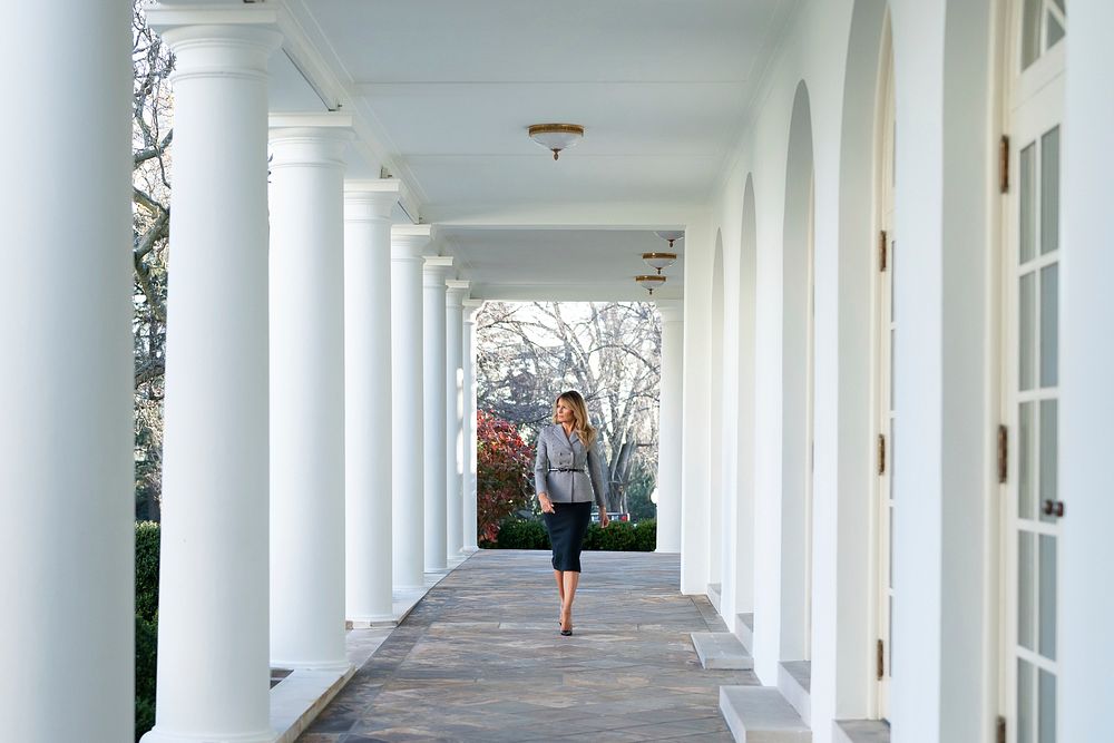 First Lady Melania Trump at the White House, First Lady Melania Trump walks along the Colonnade of the White House Thursday…