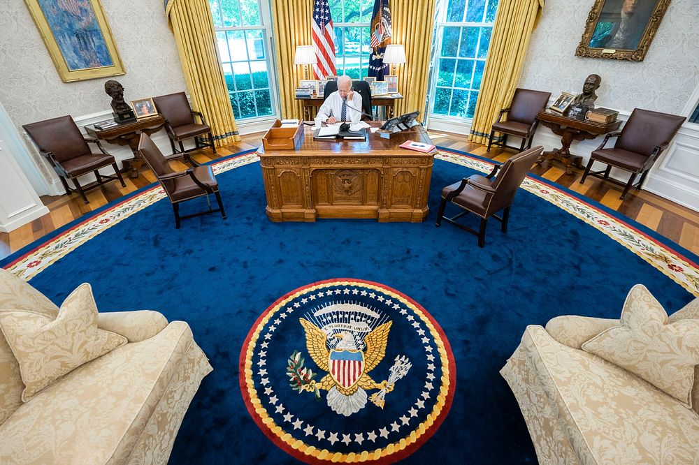 President Joe Biden talks on the phone with Israeli Prime Minister Benjamin Netanyahu on Wednesday, May 12, 2021 in the Oval…