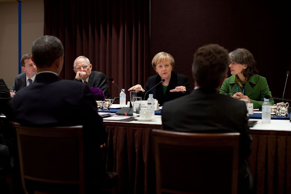 President Barack Obama holds a bilateral meeting with Chancellor Angela Merkel of Germany at the Grand Hyatt Hotel in Seoul…