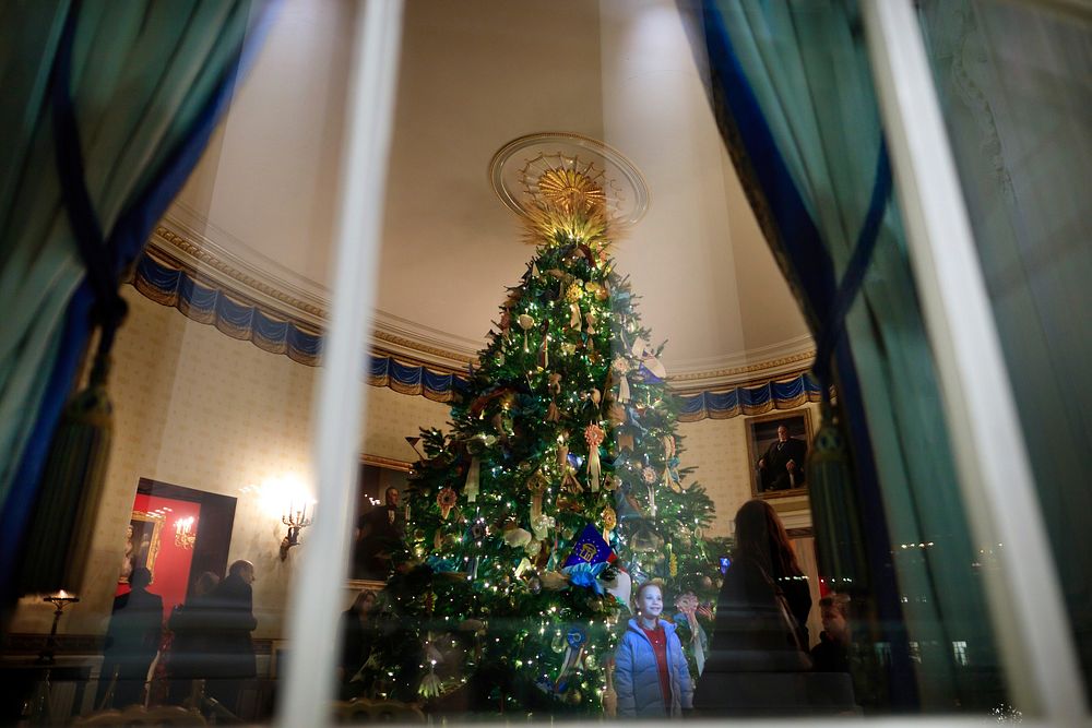 Visitors touring the White House pose for photos in front of the Christmas tree in the Blue Room of the White House, Dec. 8…