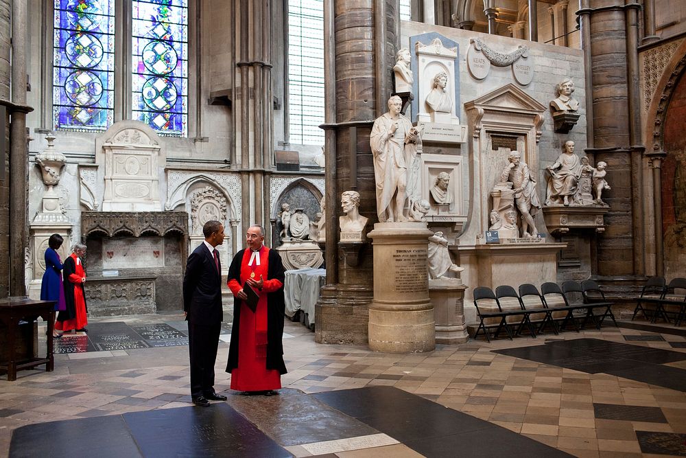 President Barack Obama and First Lady Michelle Obama visit Poets' Corner during their tour of Westminster Abbey in London…