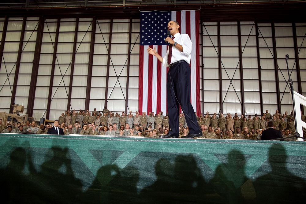 President Barack Obama delivers remarks to U.S. troops at Bagram Air Field, Afghanistan, May 1, 2012.