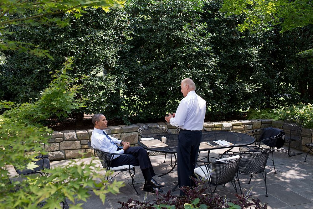President Barack Obama and Vice President Joe Biden have lunch on the patio outside the Oval Office, Aug. 30, 2012.