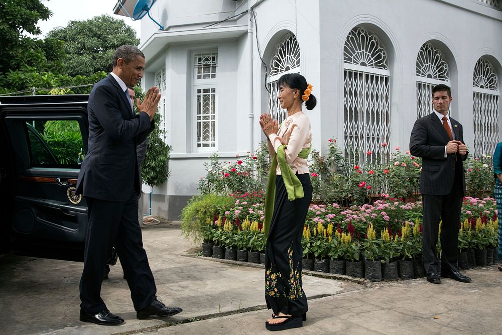 President Barack Obama greets Burmese Opposition Leader Aung San Suu Kyi during a visit to her private residence in Rangoon…