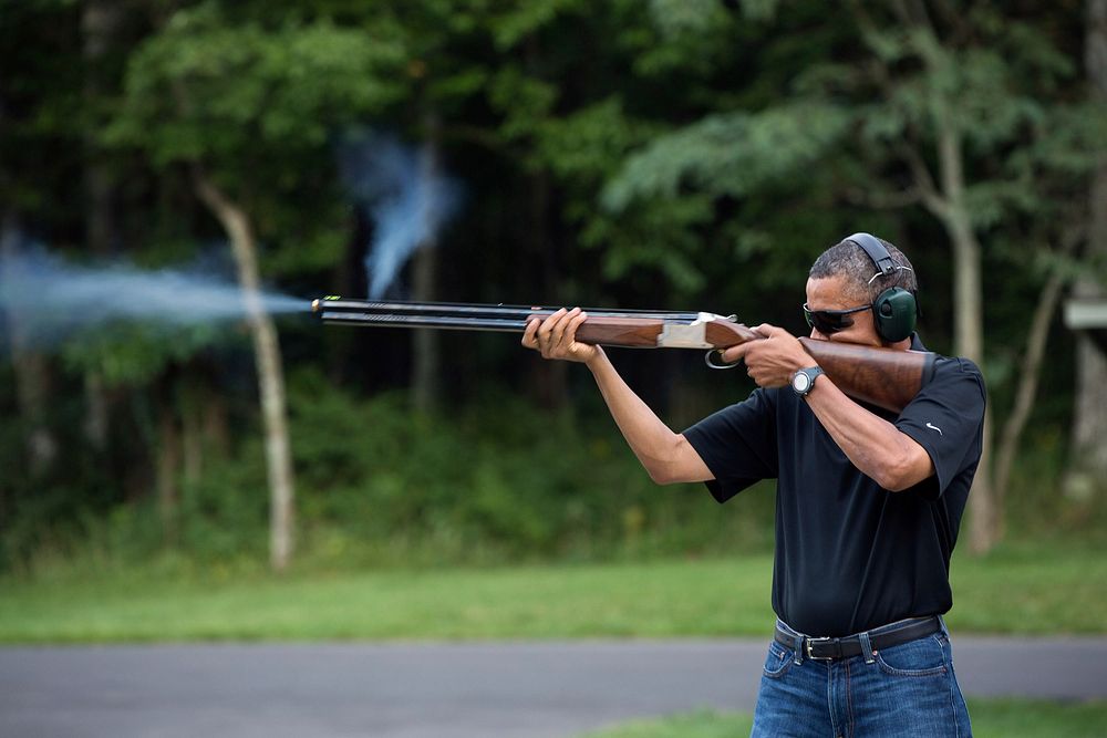 President Barack Obama shoots clay targets on the range at Camp David, Md., Saturday, Aug. 4, 2012.