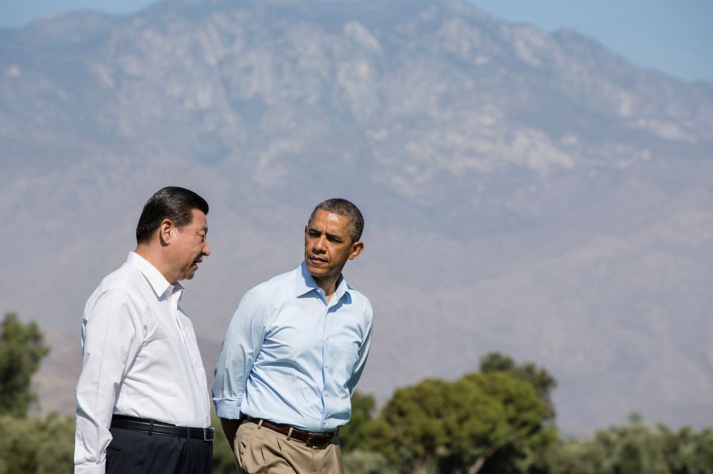 President Barack Obama and President Xi Jinping of the People's Republic of China walk on the grounds of the Annenberg…