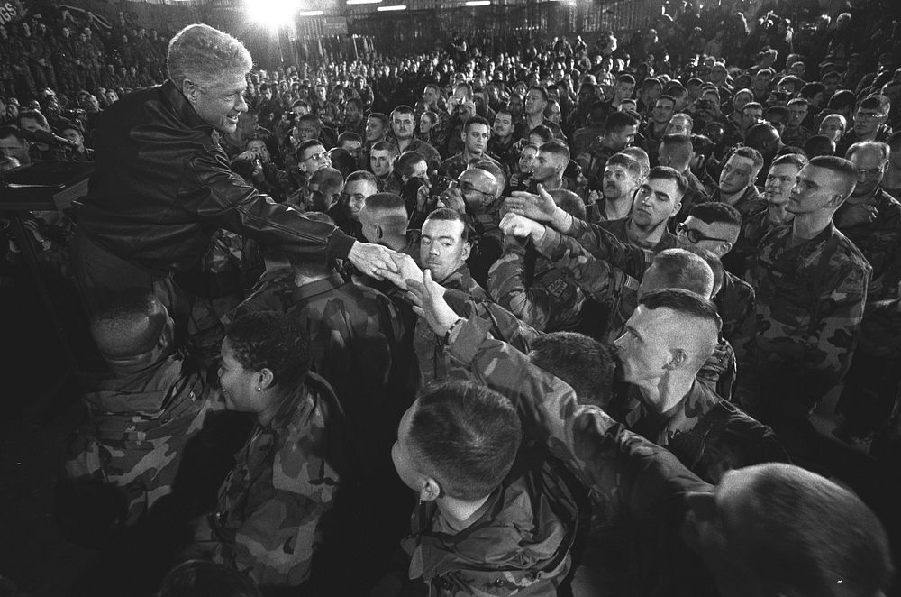 President Clinton, Hillary Rodham Clinton and Chelsea Clinton greet troops at Tuzla Air Force Base in Bosnia