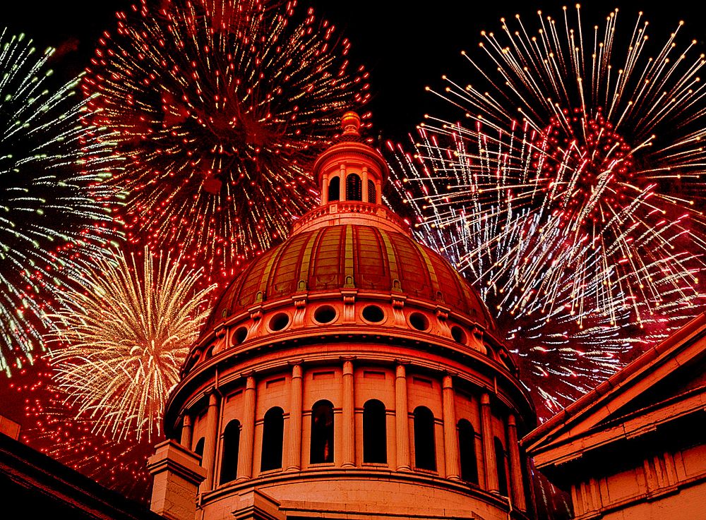 Fireworks above courthouse building, USA. Free public domain CC0 photo.