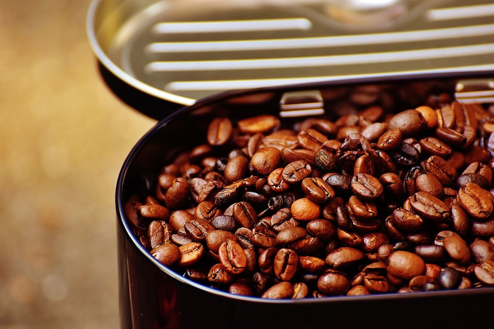 Roasted coffee beans in a container. Free public domain CC0 photo