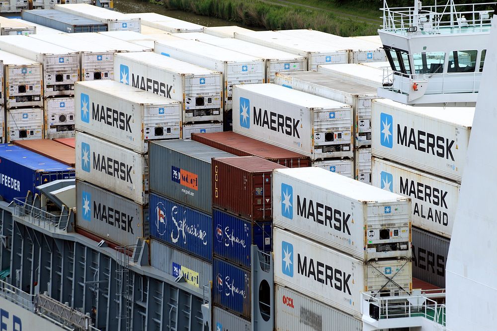 Maersk, Gold, Safmarine, MSC, P&O Nedlloyd shipping containers, location unknown, June 22, 2015. View public domain image…