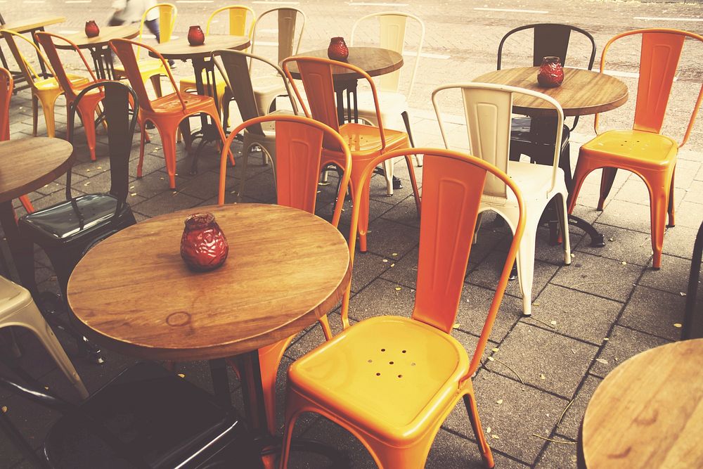 Cafe sidewalk, city street chairs. Free public domain CC0 image