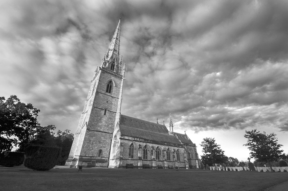 Church building architecture in black and white. Free public domain CC0 image.