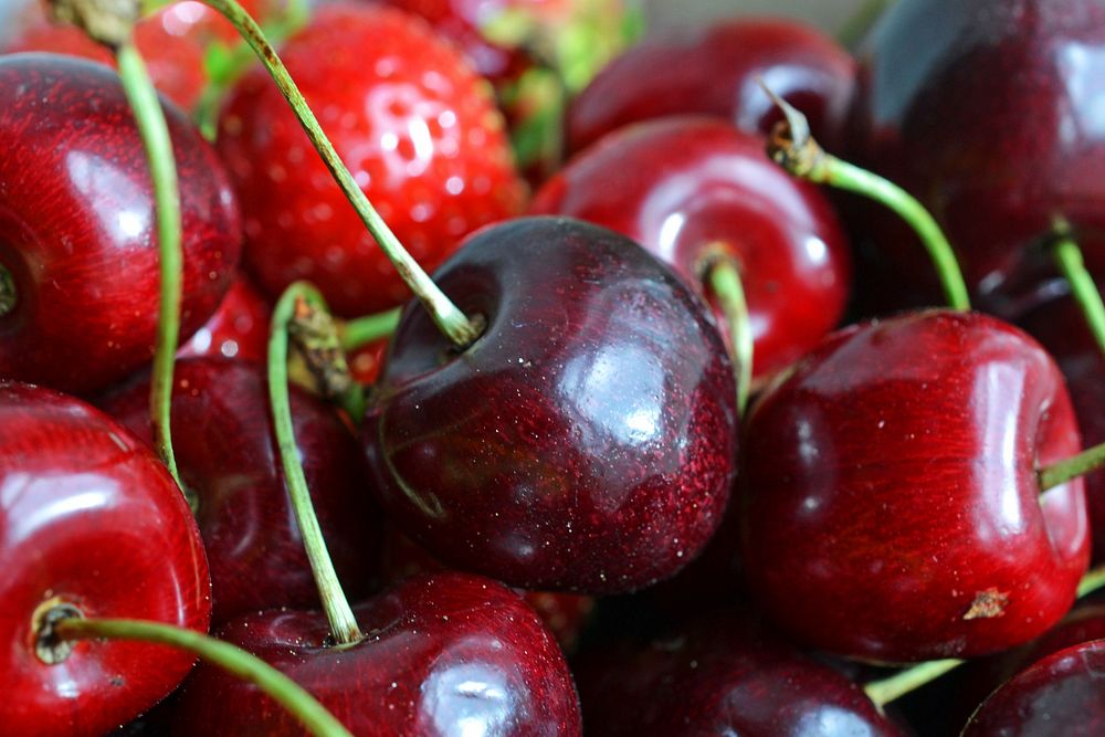 Closeup on pile of red cherries. Free public domain CC0 image. 