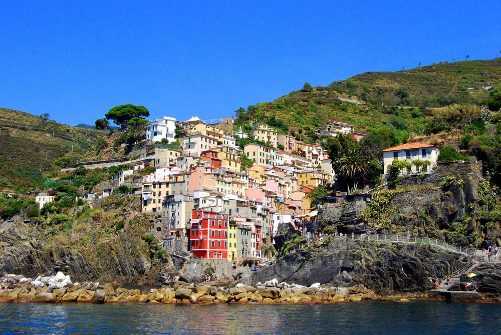 A view Cinque Terre from the coast. Free public domain CC0 photo.