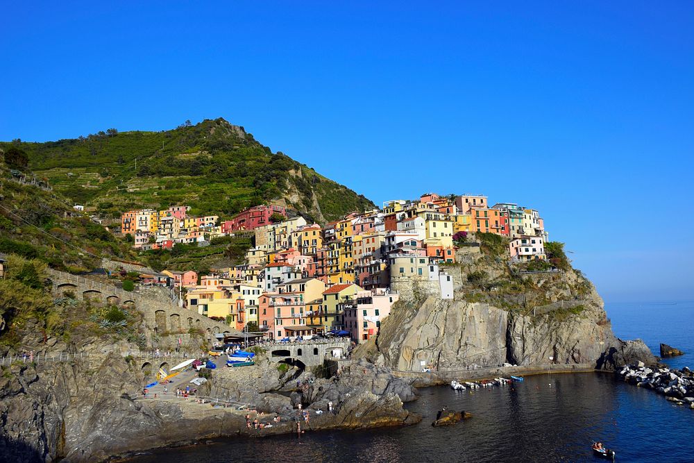 A view Cinque Terre from the coast. Free public domain CC0 photo.