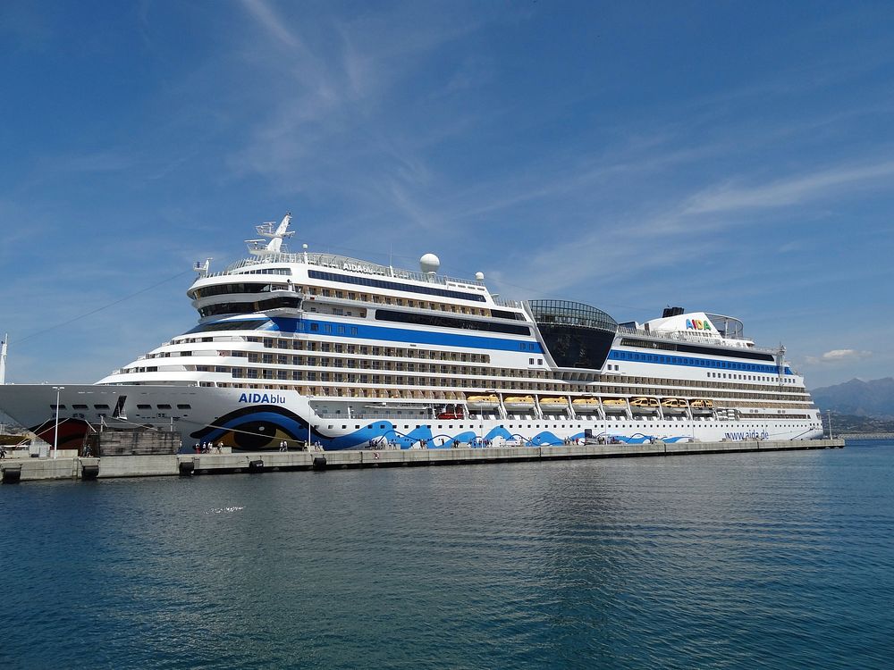 Big AIDA cruise ship in sea, location unknown, 8 June 2015. View public domain image source here