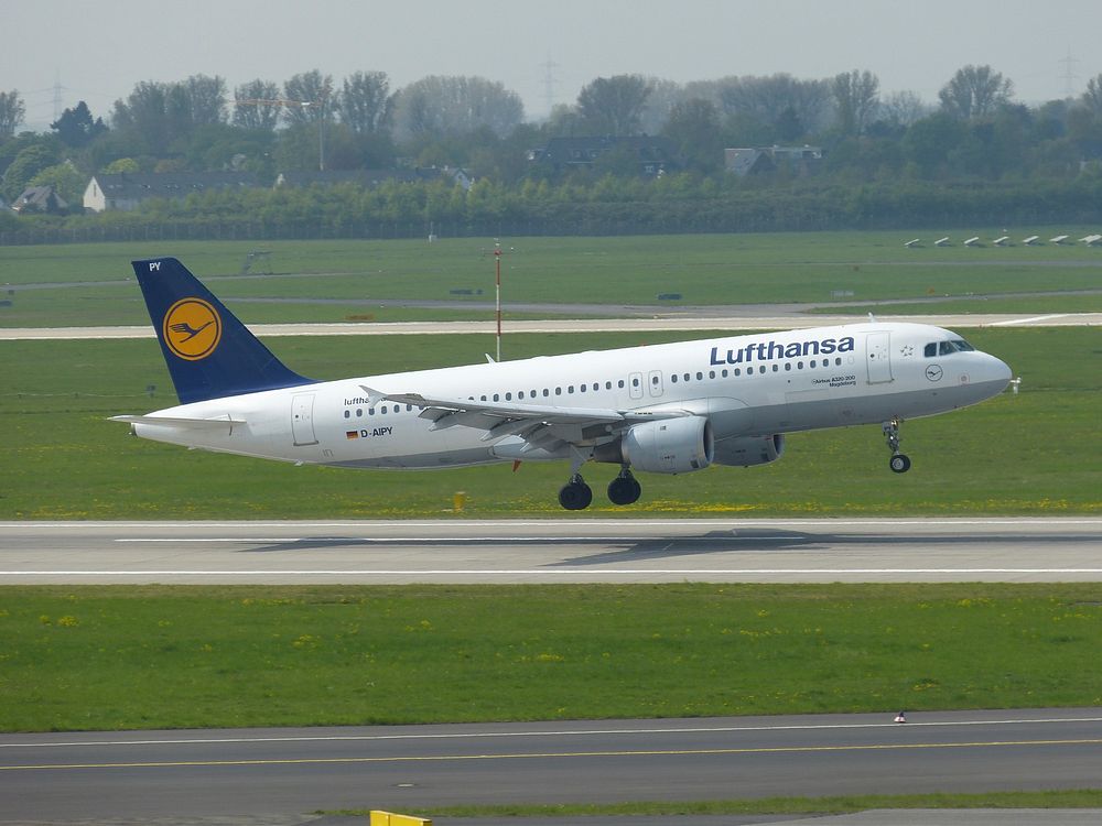 Lufthansa airlines aircraft take off, Dusseldorf, 13/04/2015.