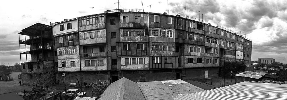 Dark panoramic neighborhood buildings. Free public domain CC0 image.