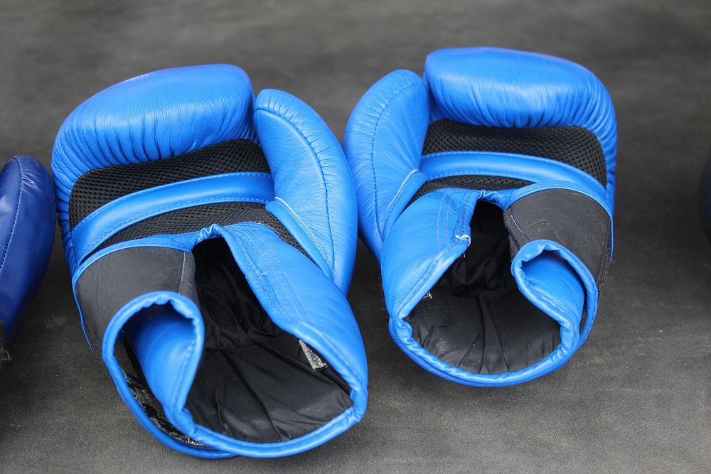 Closeup on blue boxing gloves. Free public domain CC0 photo.
