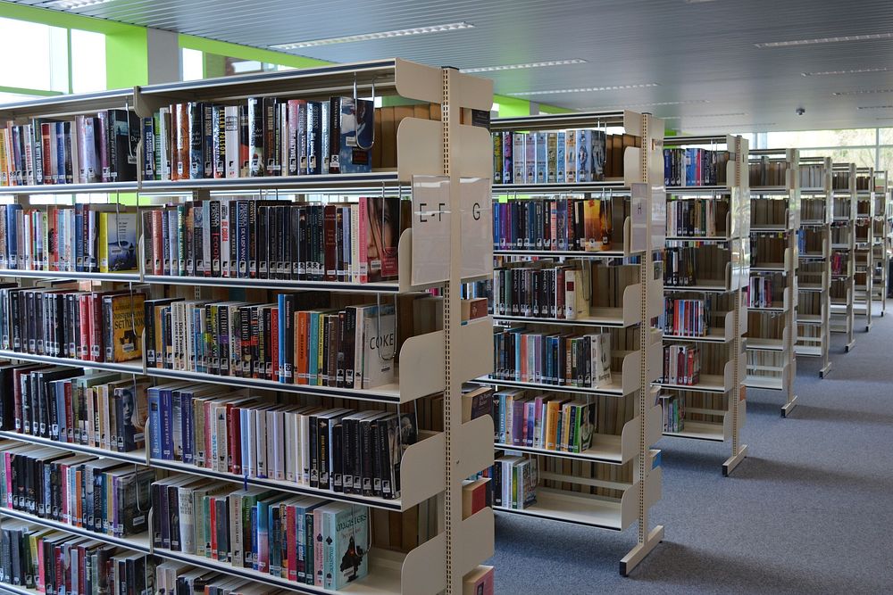 Bookshelf in library. Free public domain CC0 photo