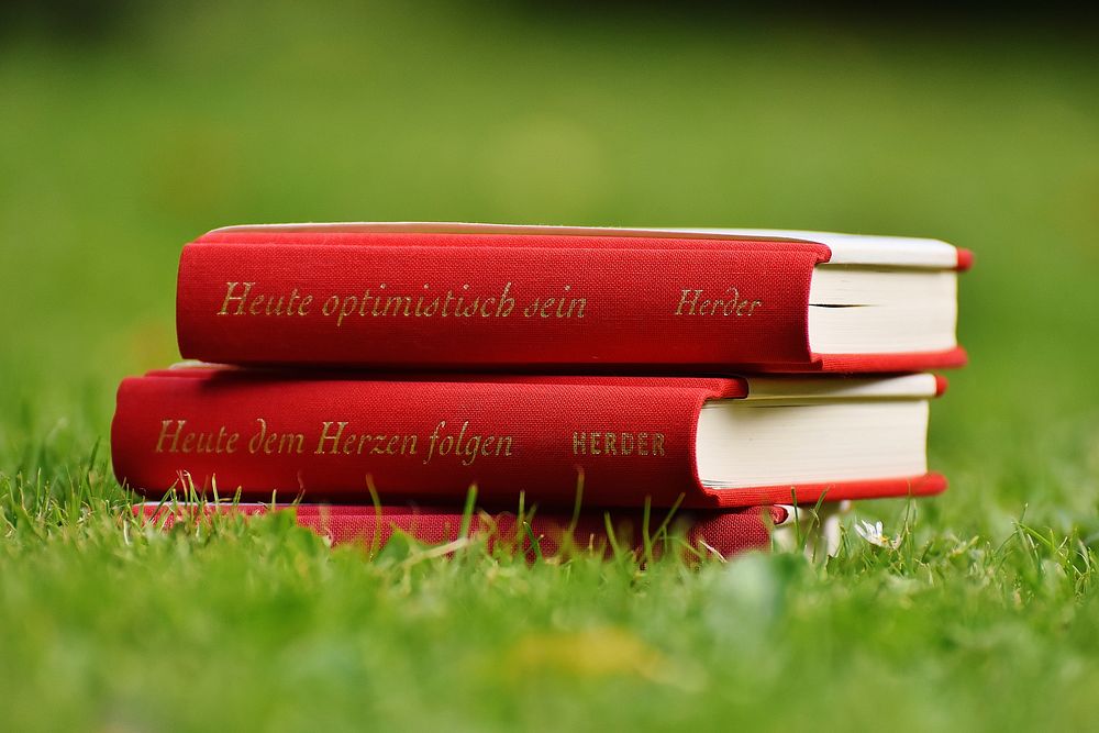 Red books on green grass. Free public domain CC0 photo. 