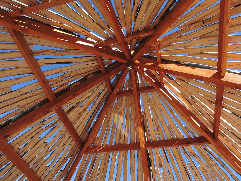 Wooden roof view from ground. Free public domain CC0 photo.