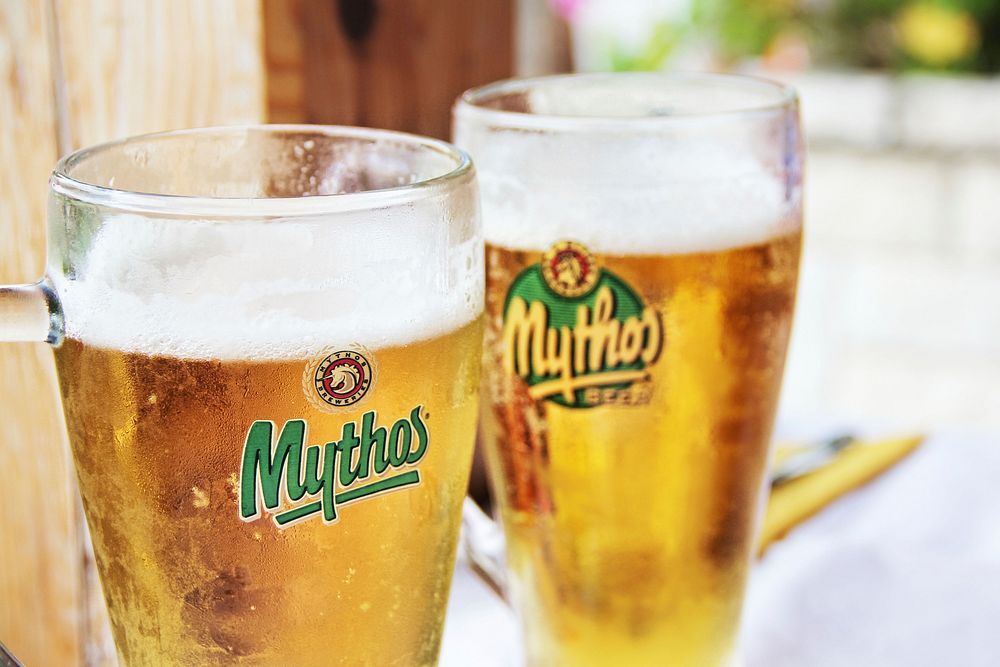 Mythos beer in glasses, location unknown, date unknown