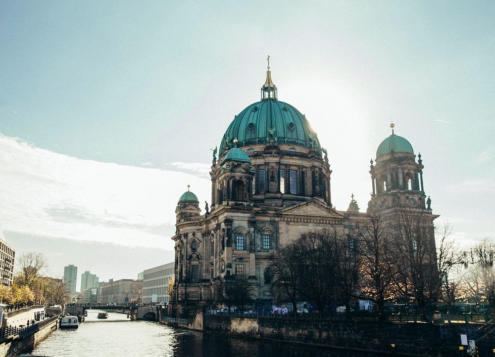 Free Berlin Cathedral by the Spree river in sunshine photo, public domain building CC0 image.