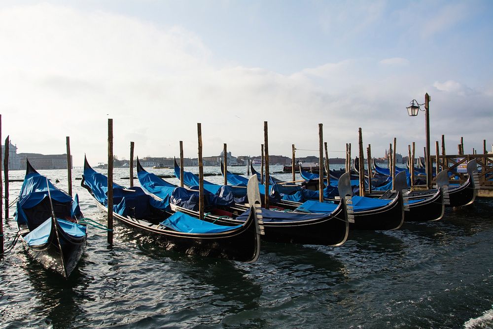 Gondolas on Grand Canal in Venice San Giorgio Maggiore Church. Free public domain CC0 image.