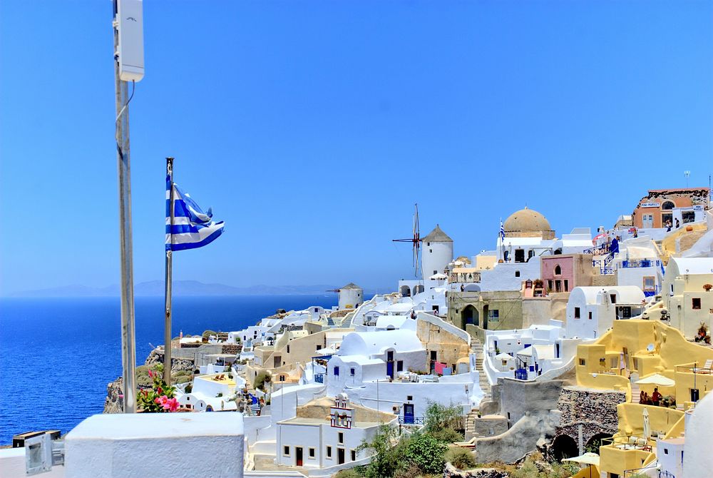 Greece flag, Santorini. Free public domain CC0 photo.