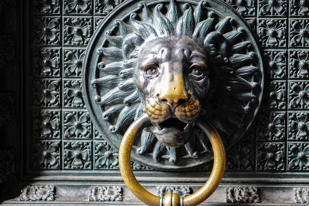 Lion door knocker in brass. Free public domain CC0 photo.