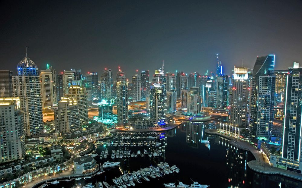 Dubai skyscrapers skyline at night. Free public domain CC0 photo.