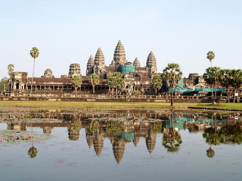 Free Angkor Wat temple reflection in lake public domain CC0 photo.