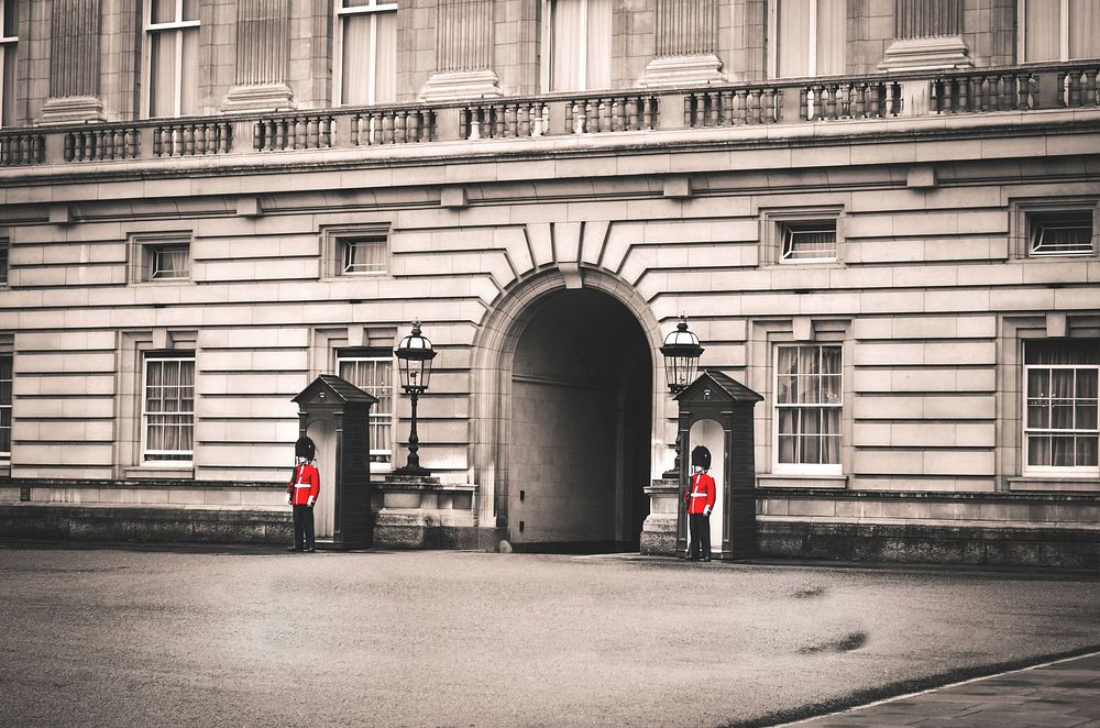 Free Buckingham palace with guard monochrome photography public domain CC0 photo.