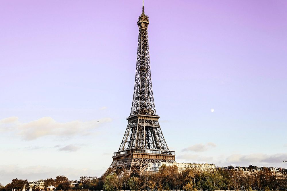 Free Paris Eiffel Tower purple, sky background photo, public domain building CC0 image.