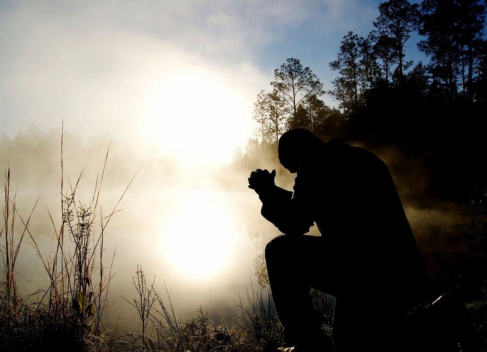 Free man praying in the forest public domain CC0 photo.